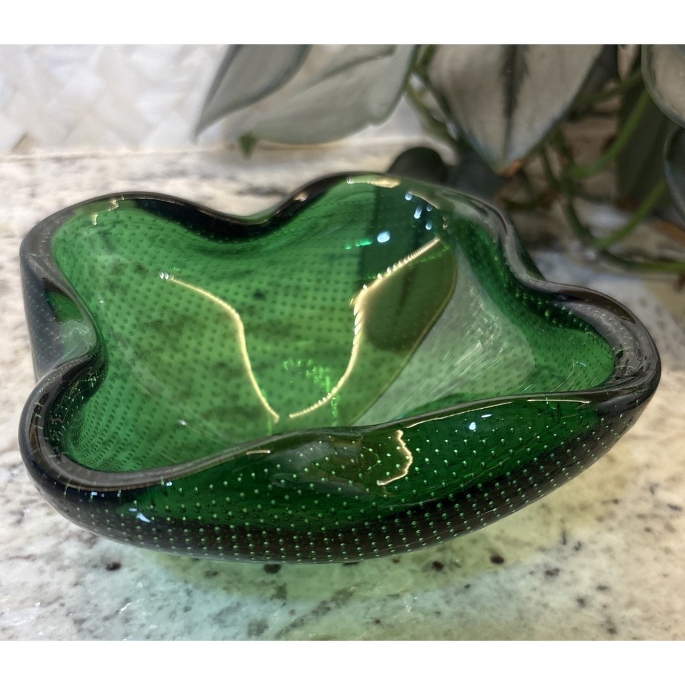 Murano Style Bullicante Green Art Glass Ashtray Candy Dish Control Bubble VTG